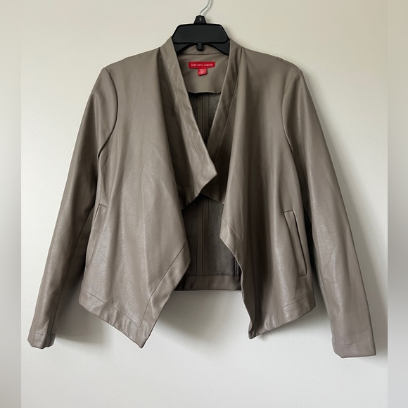 Saks Fifth Avenue Faux Leather Open Front Jacket Size Small Taupe Drape Style - Picture 1 of 15